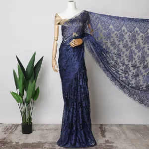 Navy Blue French Metallic Chantilly Lace Fabric with Stone Work, 5.5 Meters-110 Cms-D21039