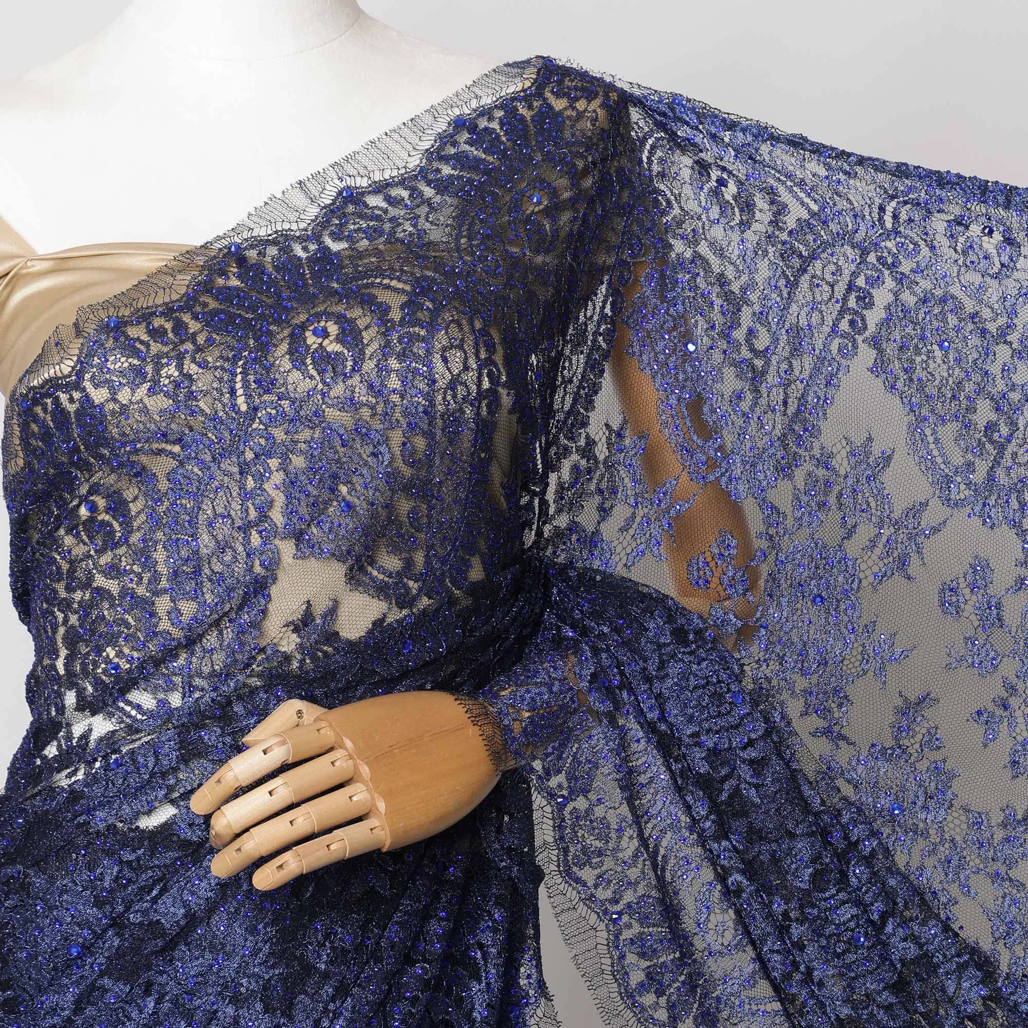 Navy Blue French Metallic Chantilly Lace Fabric with Stone Work, 5.5 Meters-110 Cms-D21039