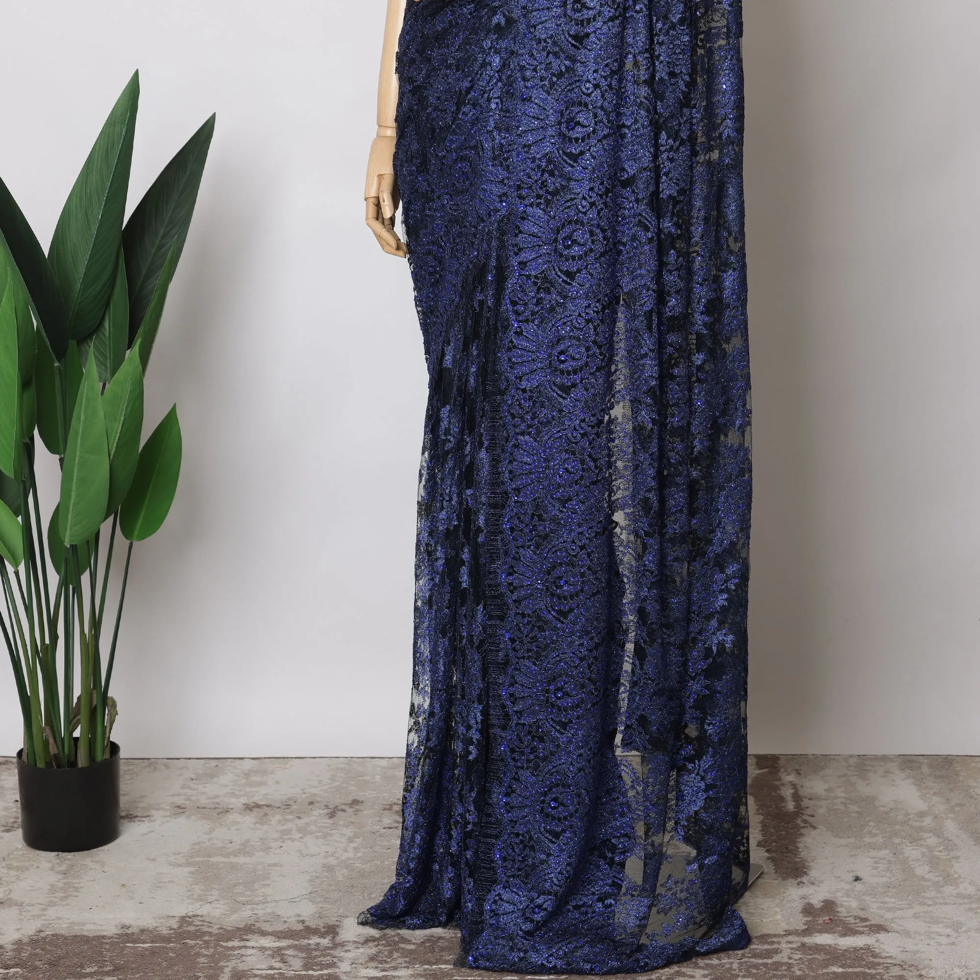 Navy Blue French Metallic Chantilly Lace Fabric with Stone Work, 5.5 Meters-110 Cms-D21039
