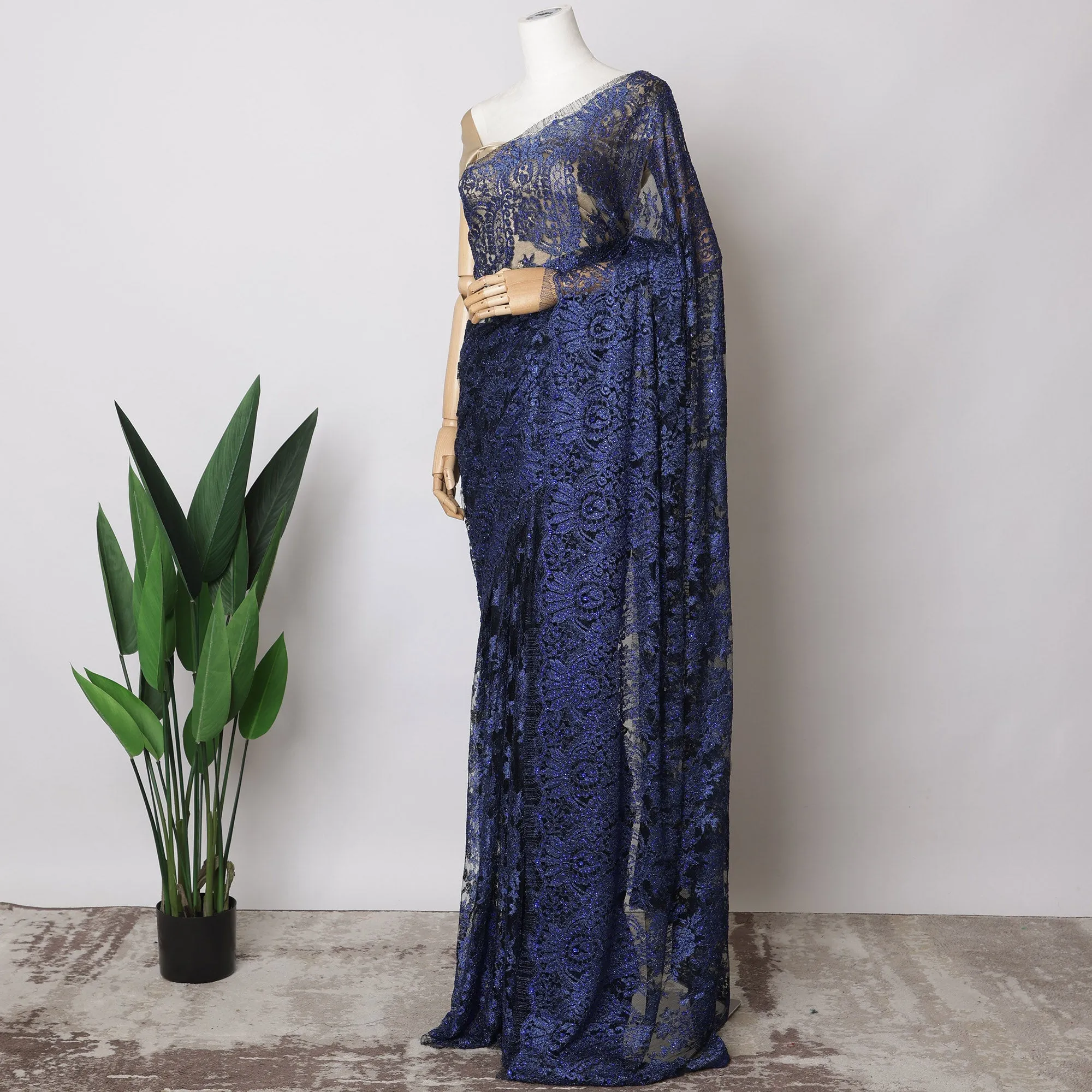 Navy Blue French Metallic Chantilly Lace Fabric with Stone Work, 5.5 Meters-110 Cms-D21039