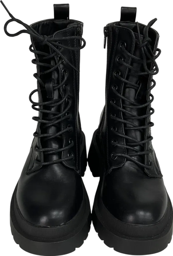 New Look Black Lace Up Chunky Cleated Biker Boots UK 3 EU 36 👠