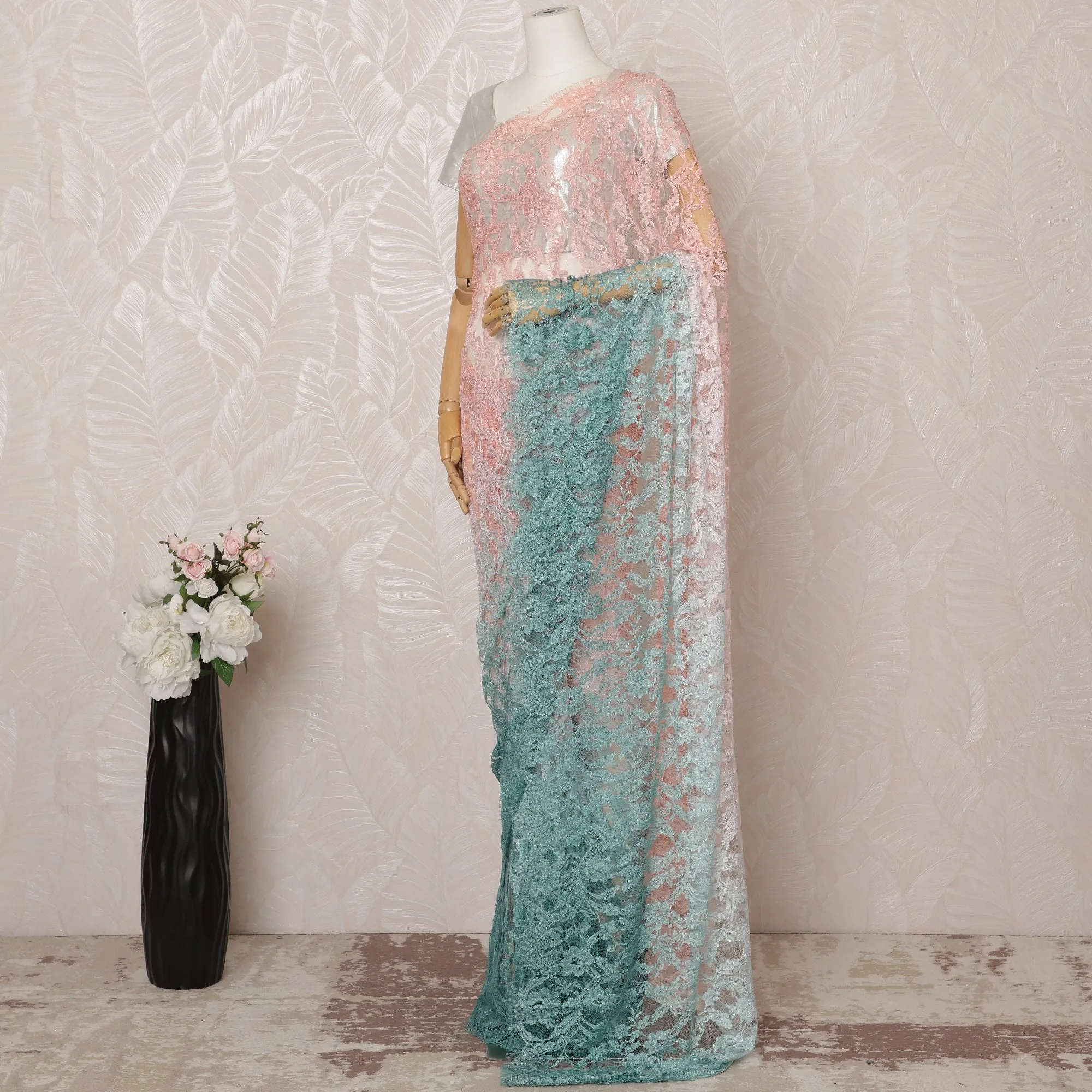 Peach and Mint Green Ombre Premium French Chantilly Saree Lace - 5.5 Meters, Floral Design, 110 cm Width-D20753