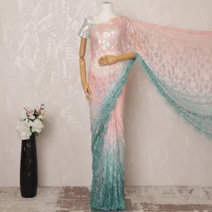 Peach and Mint Green Ombre Premium French Chantilly Saree Lace - 5.5 Meters, Floral Design, 110 cm Width-D20753