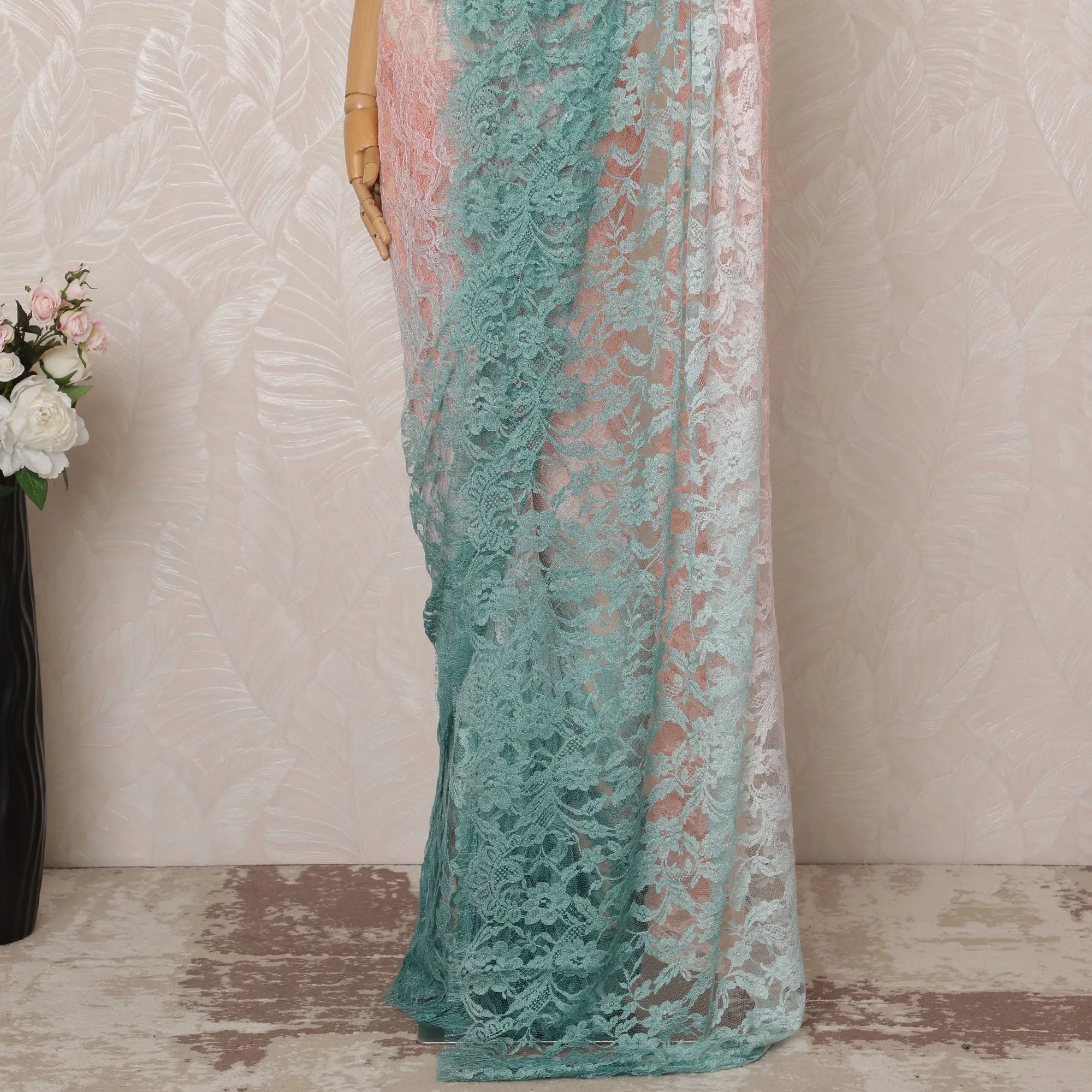 Peach and Mint Green Ombre Premium French Chantilly Saree Lace - 5.5 Meters, Floral Design, 110 cm Width-D20753