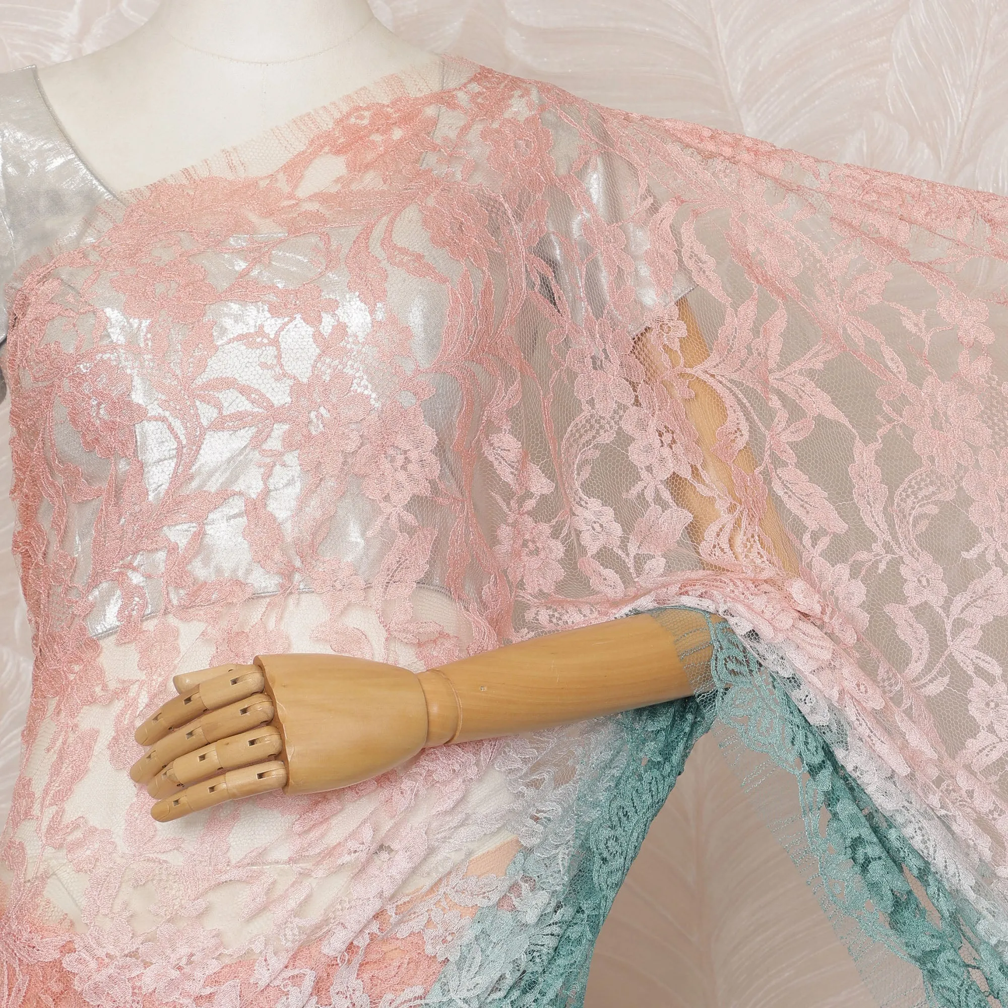 Peach and Mint Green Ombre Premium French Chantilly Saree Lace - 5.5 Meters, Floral Design, 110 cm Width-D20753
