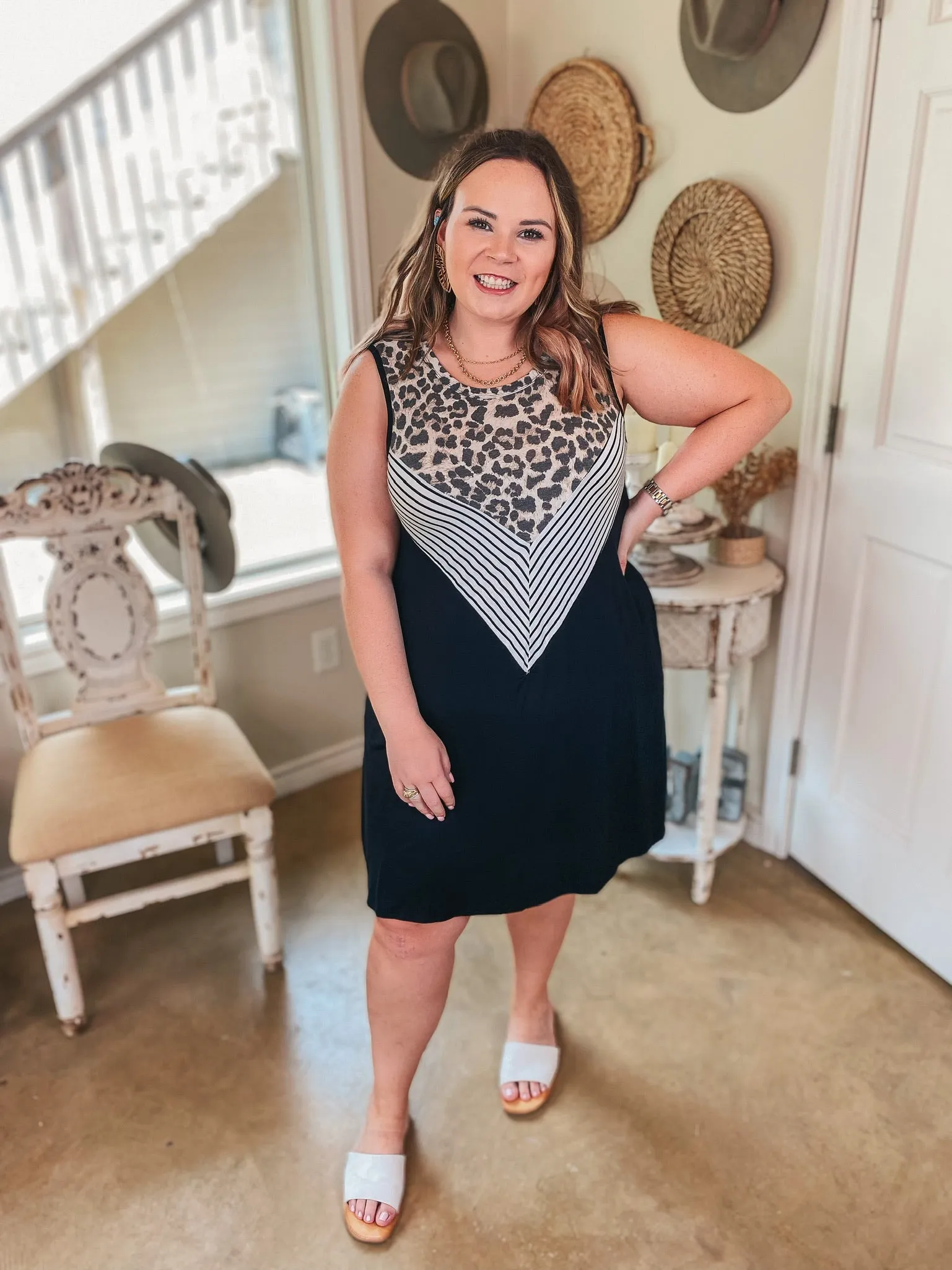 Pretty in Prints Leopard and Striped Tank Top Dress in Black