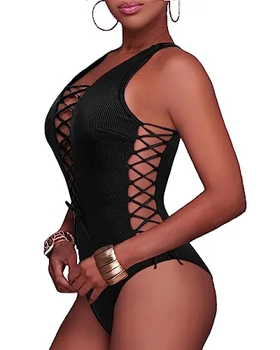 Ribbed Sexy One Piece Swimsuit Lace Up Plunge V Neck Swimwear for Women