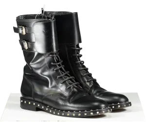 Valentino Garavani Black Leather Rockstud Lace Up Biker Boots UK 5.5 EU 38.5 👠