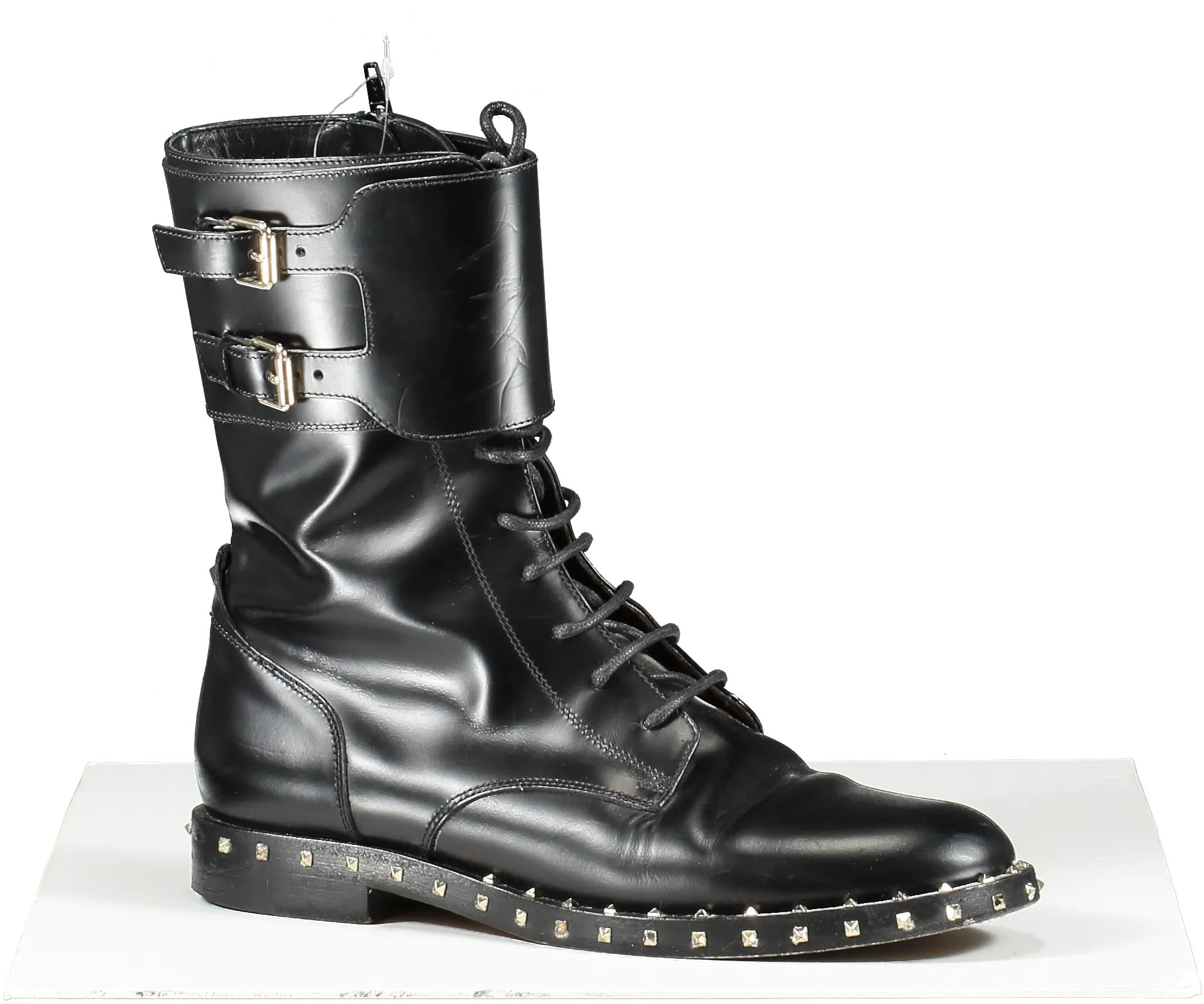 Valentino Garavani Black Leather Rockstud Lace Up Biker Boots UK 5.5 EU 38.5 👠