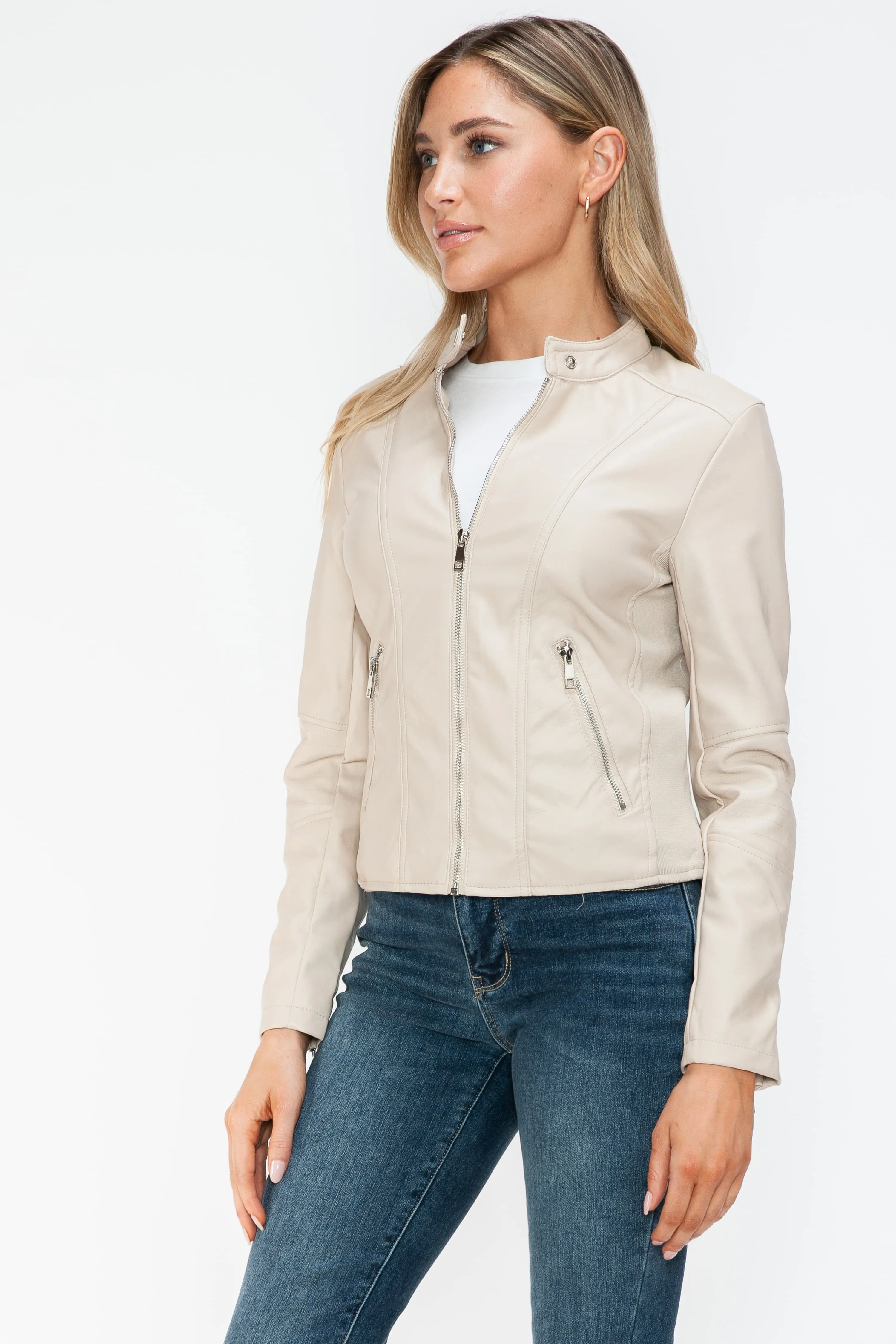 White Leather Zip Up Jacket