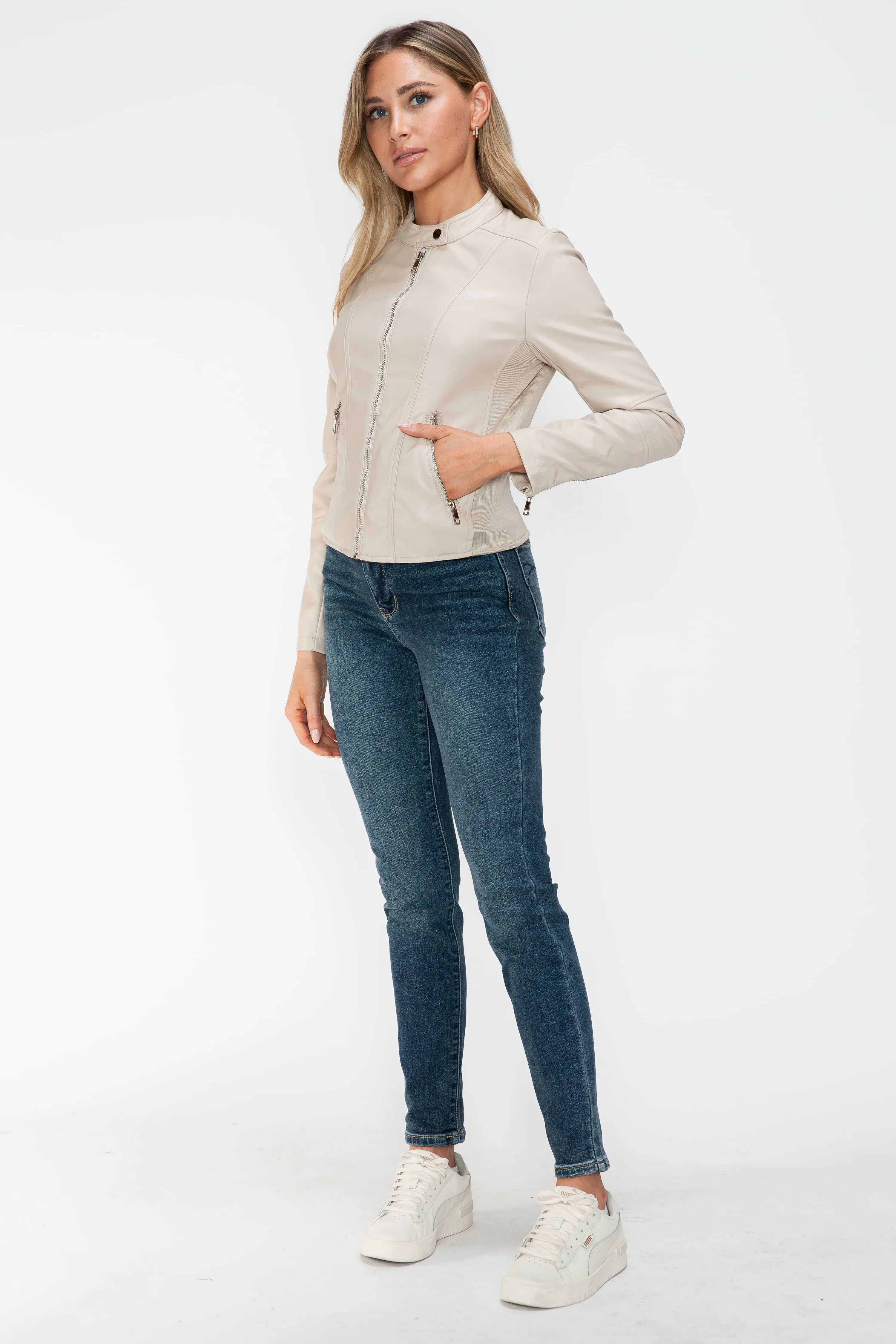 White Leather Zip Up Jacket