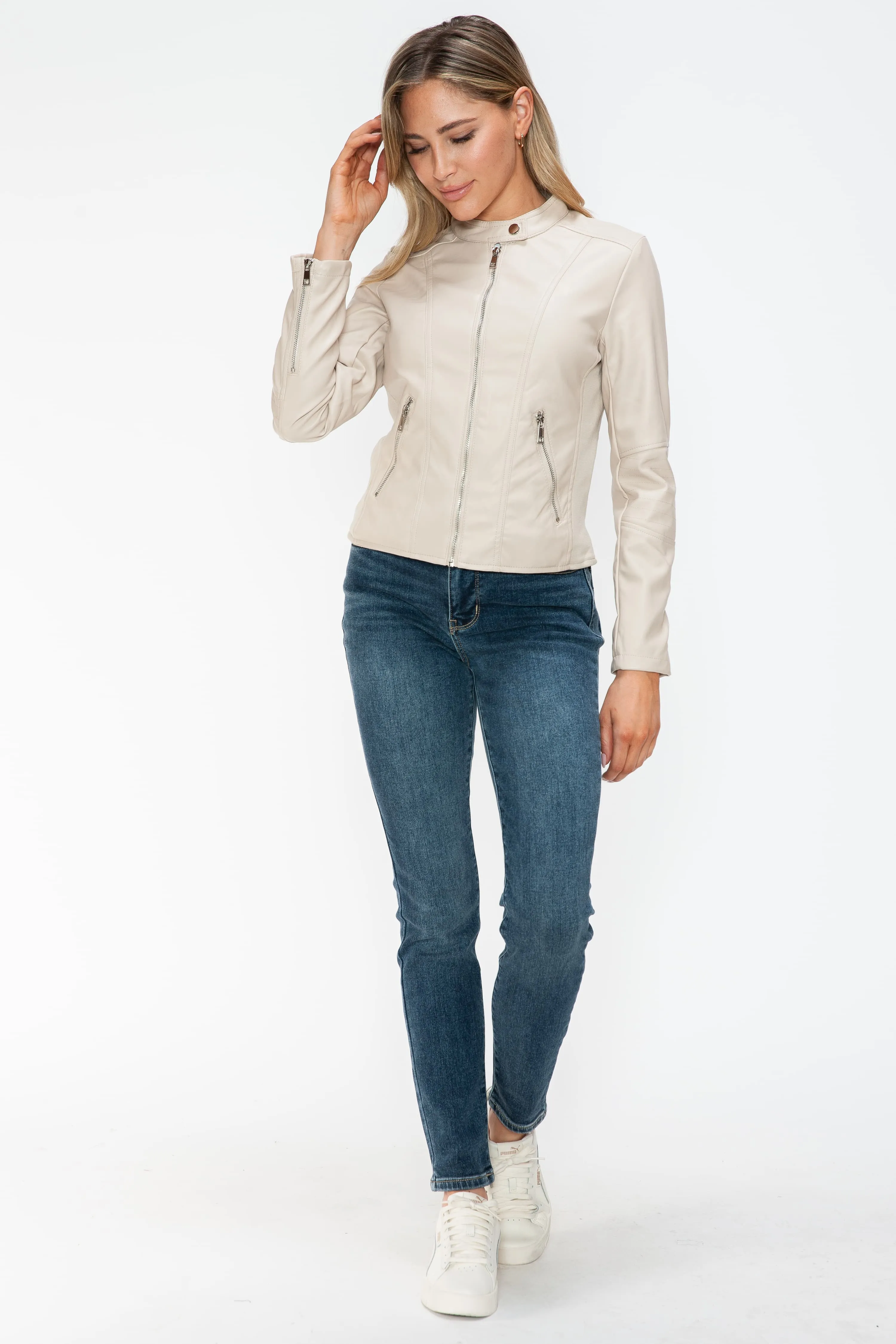 White Leather Zip Up Jacket