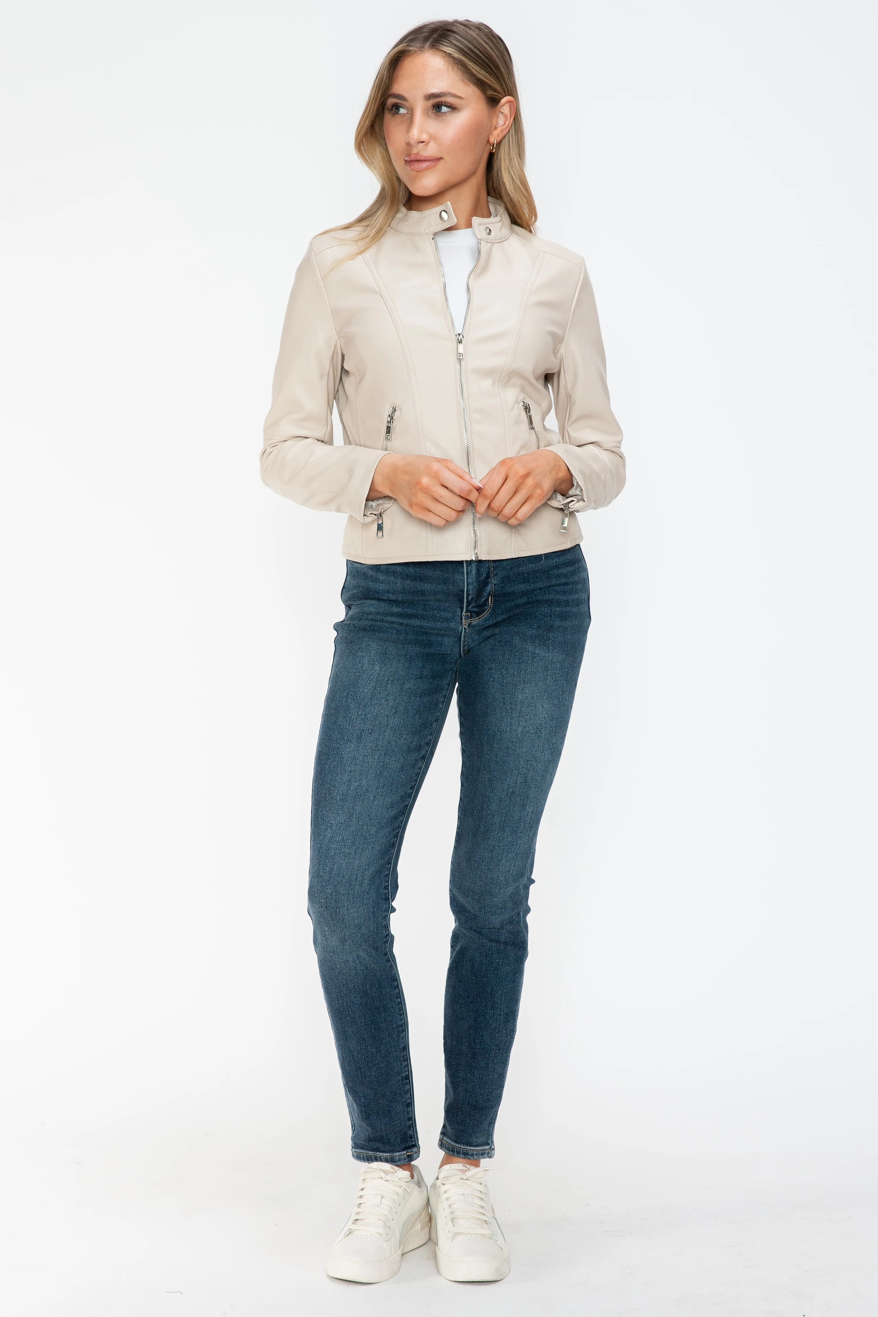 White Leather Zip Up Jacket