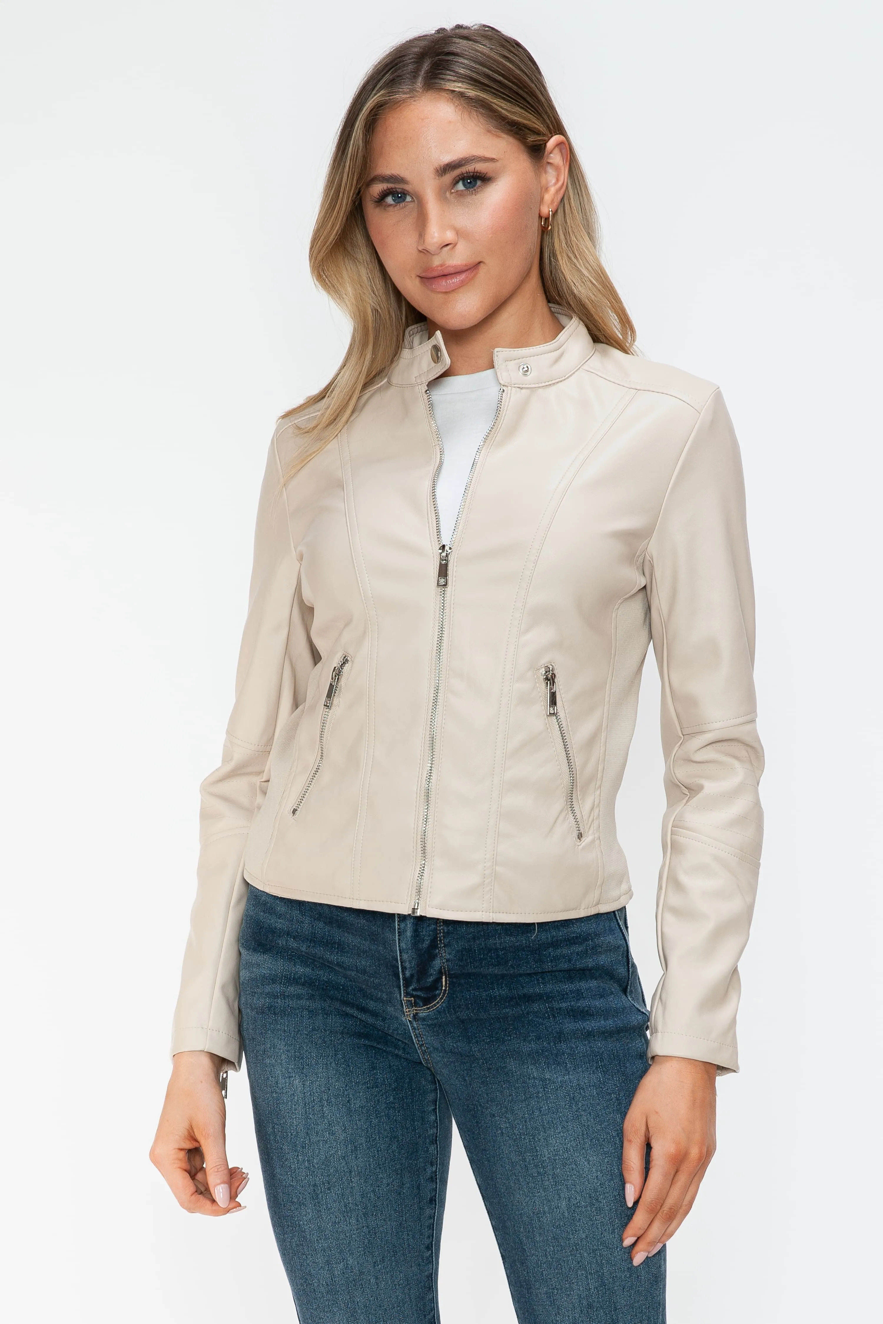 White Leather Zip Up Jacket