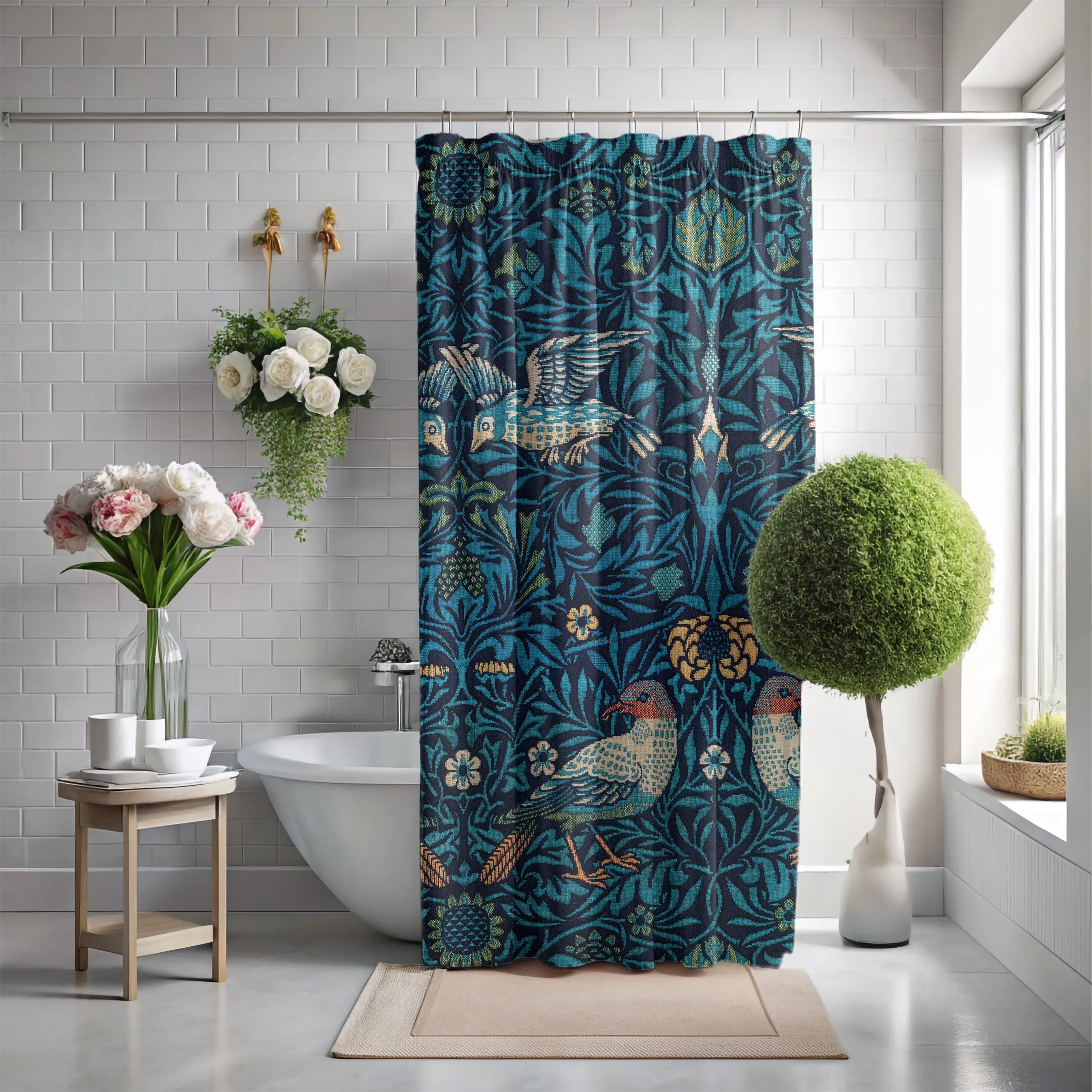 William Morris Birds Print Polyester Shower Curtain