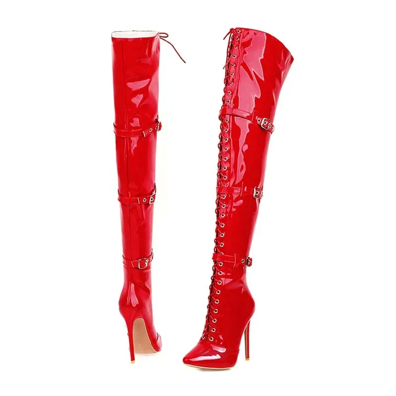 Womens Patent Cross Buckle Thigh Boots in Black, White, and Red