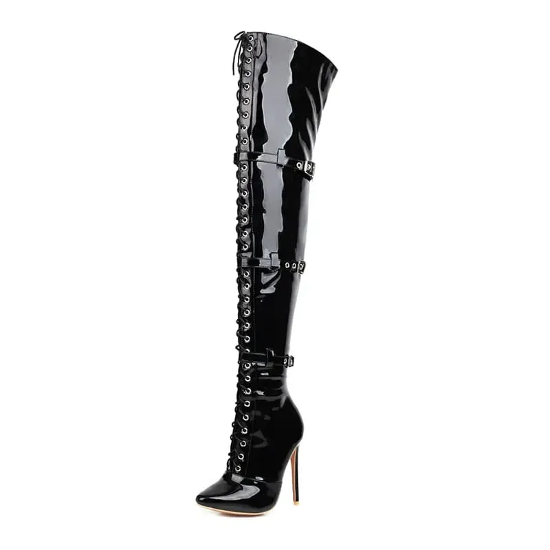 Womens Patent Cross Buckle Thigh Boots in Black, White, and Red