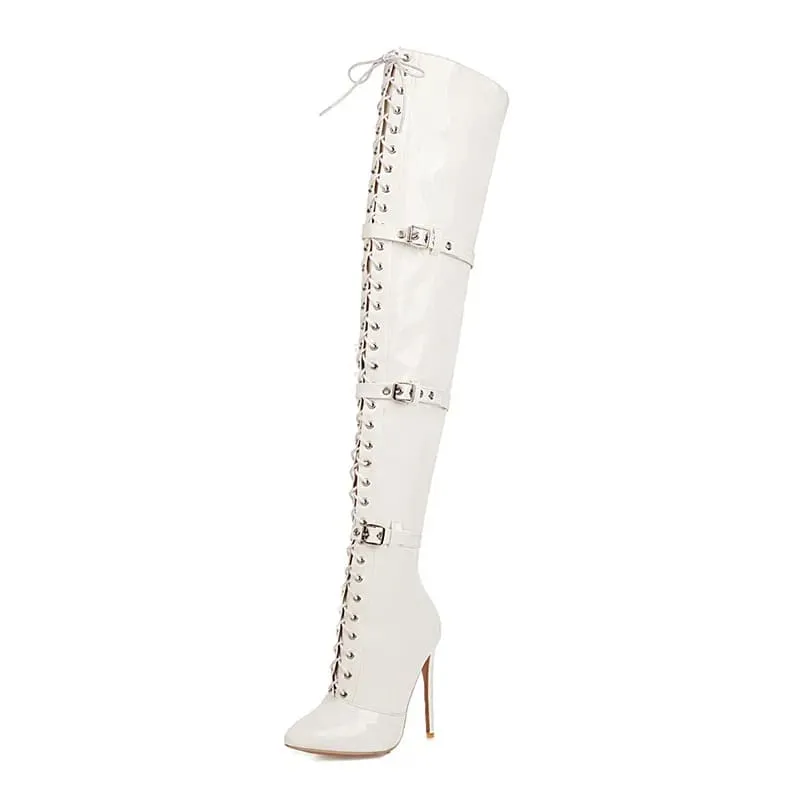 Womens Patent Cross Buckle Thigh Boots in Black, White, and Red