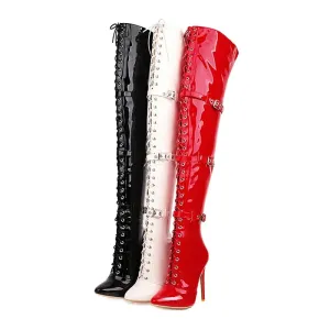 Womens Patent Cross Buckle Thigh Boots in Black, White, and Red