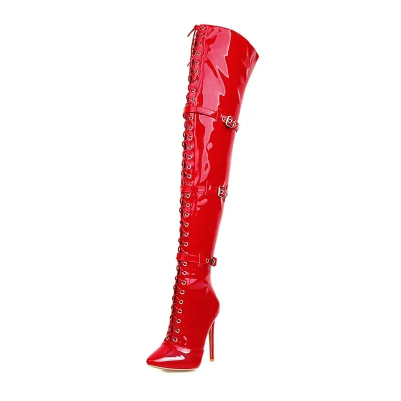 Womens Patent Cross Buckle Thigh Boots in Black, White, and Red
