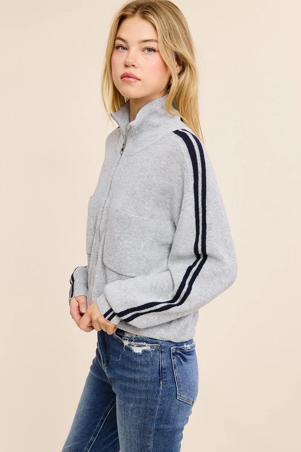 Zip Up Side Stripe Knit Sweater